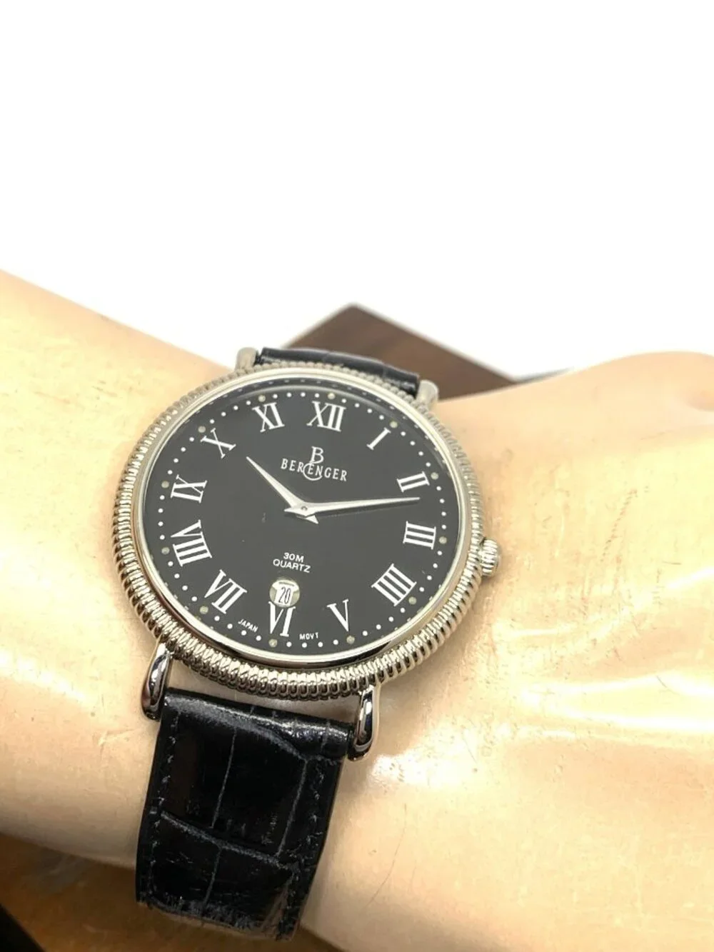 Bergenger Men's Watch Quartz Black Dial Silver Tone Case Leather Strap 38mm
